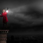 Six Rules for Engaging Bible Difficulties - women in red coat holding lantern on building top in dark night