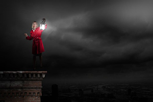 Six Rules for Engaging Bible Difficulties - women in red coat holding lantern on building top in dark night