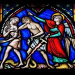 Satan’s Greatest Victory - Weekly Blog Post by Dr. Craig Biehl - stained glass Adam, Eve, guardian angel, serpent