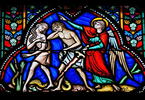 Satan’s Greatest Victory - Weekly Blog Post by Dr. Craig Biehl - stained glass Adam, Eve, guardian angel, serpent