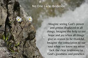 "No One Lacks Evidence - Imagine seeing God’s power and genius displayed in all things. Imagine the help to our hope and joy when all things give us reason to be thankful. Imagine the consolation to our soul when we know we never lack the clear testimony to God’s goodness and presence.